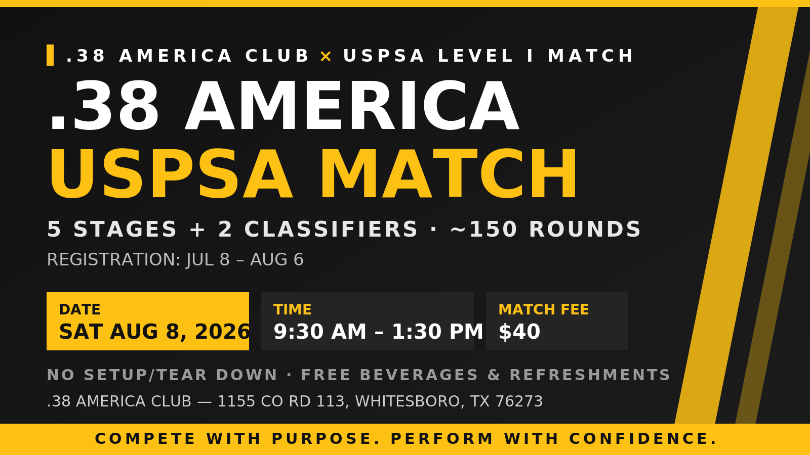 .38 America USPSA Level I Match, Saturday August 8 2026, 9:30 AM to 1:30 PM, 5 stages + 2 classifiers, $40 match fee, Whitesboro TX