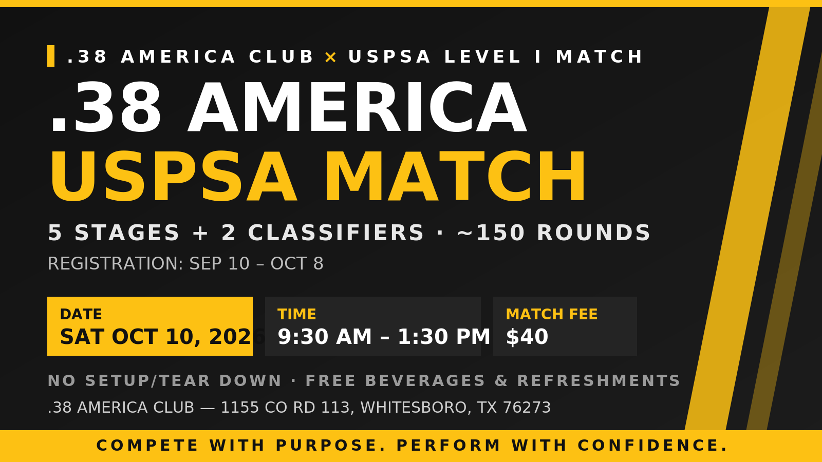 .38 America USPSA Level I Match, Saturday October 10 2026, 9:30 AM to 1:30 PM, 5 stages + 2 classifiers, $40 match fee, Whitesboro TX
